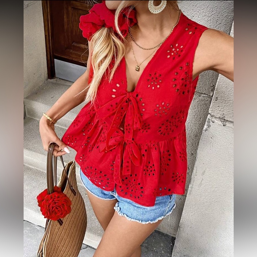 Eyelet V-Neck Hollow Floral Lace Bowknot Sleeveless Top Shirt Blouse Red